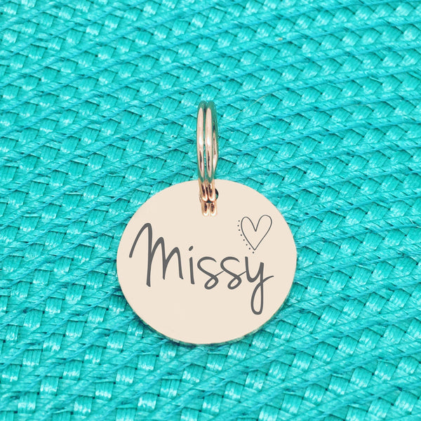 Rose Gold Personalised Dog Tag, Sadie Design with Cute Heart Image (Personalised Dog Tag / Personalised Cat Tag)