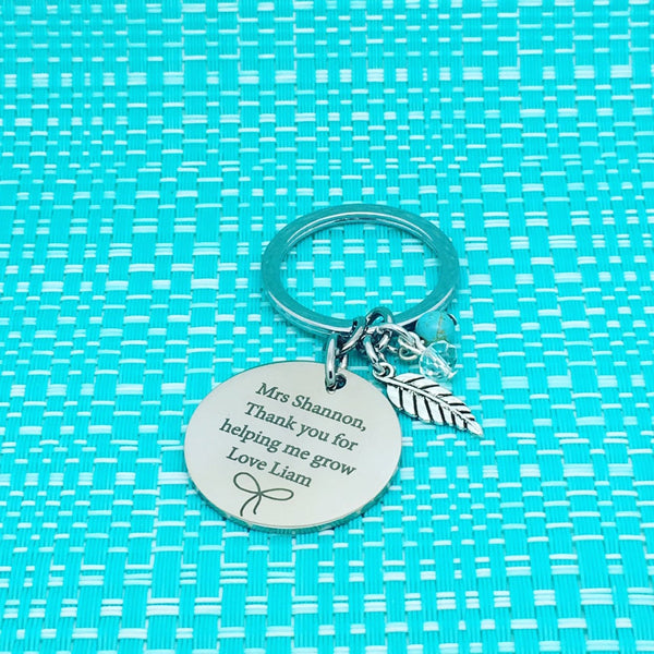 Thank You For Helping Me Grow Personalised Keyring, Bow Design (Personalised Teacher Gift, End of Year Gift, Gift for Teacher)