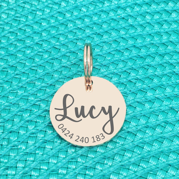 Rose Gold Personalised Dog Tag, River Design with number on front (Personalised Dog Tag / Personalised Cat Tag)
