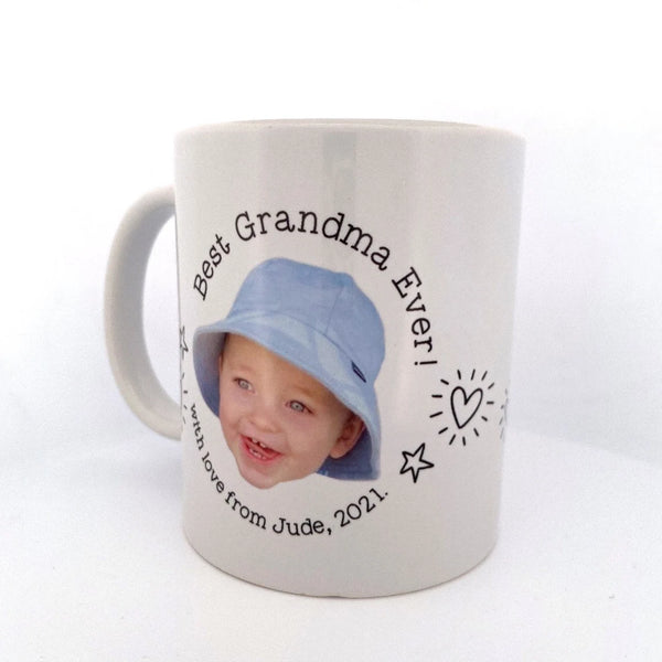 Best Grandma Ever! Personalised Photo Mug, personalised with your message and photo! (Baby Face Photo Mug)