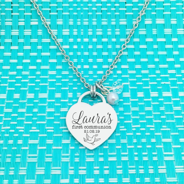 First Communion Personalised Heart Shaped Necklace (Communion Gift, Gift for Girl)