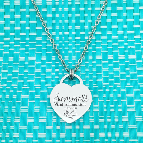 First Communion Personalised Heart Shaped Necklace (Communion Gift, Gift for Girl)