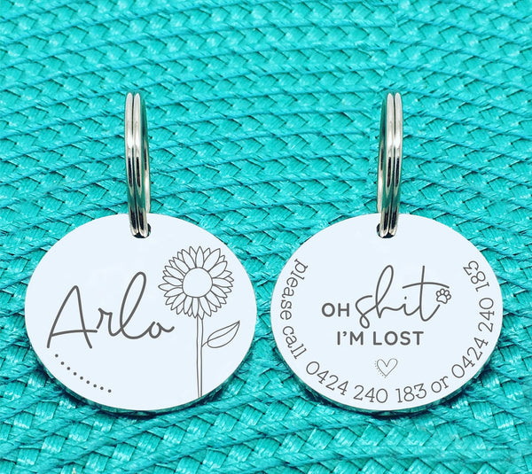 Custom Engraved Double Sided Pet Name Tag (Personalised ID tag) - 'Sunny' Oh shit I'm lost design
