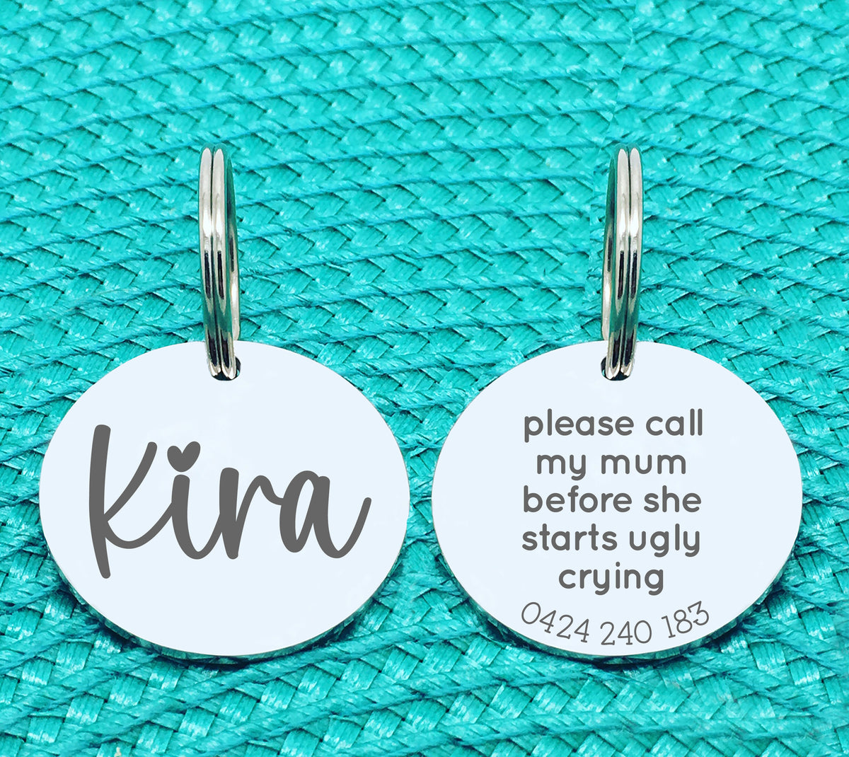 Custom Engraved Double Sided Pet Name Tag (Personalised ID tag) - 'Ollie' Please call my Mum before she starts ugly crying design
