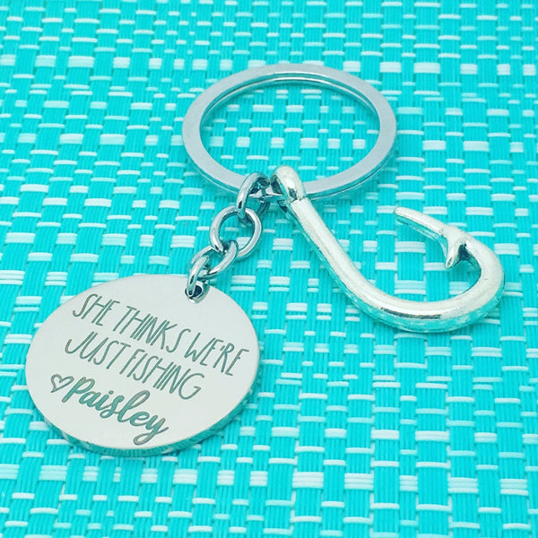 Dad Keyring, She Thinks We're Just Fishing Personalised Keyring (change Daddy to a name of your choosing)