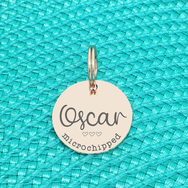 Rose Gold Personalised Dog Tag, Frankie Microchipped Design with Heart Image (Personalised Dog Tag / Personalised Cat Tag)
