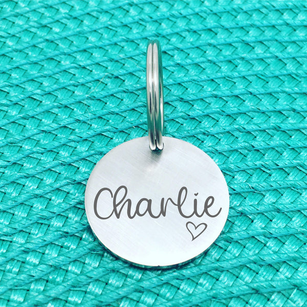 Matte Finish Personalised Pet Tag Charlie Design with Heart Image (Personalised Dog Tag / Personalised Cat Tag)