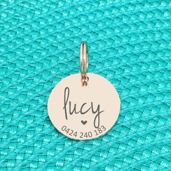 Rose Gold Personalised Dog Tag, Sadie Design with Heart Image (Personalised Dog Tag / Personalised Cat Tag)