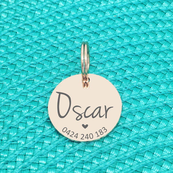 Rose Gold Personalised Dog Tag, Sadie Design with Heart Image (Personalised Dog Tag / Personalised Cat Tag)