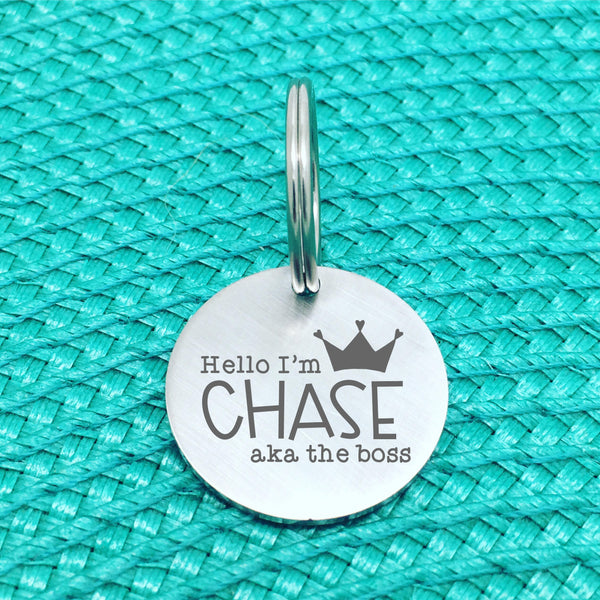 Matte Finish 'I'm The Boss' Personalised Pet Tag with Crown Image (Personalised Dog Tag / Personalised Cat Tag)