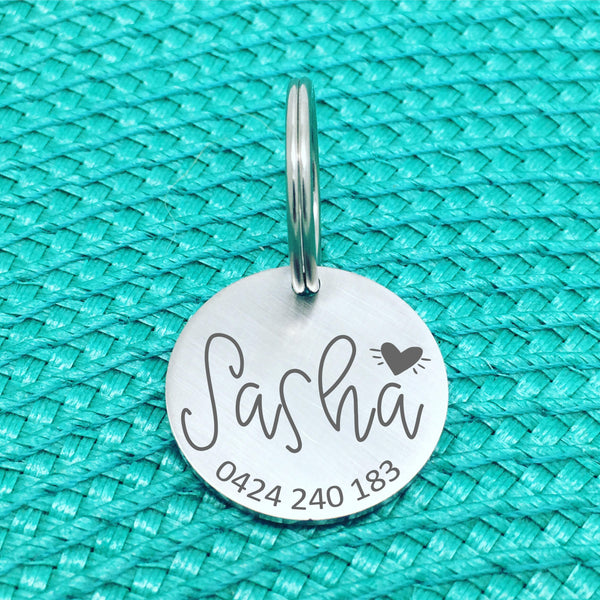 Matte Finish Personalised Dog Tag, Lucy Design with Solid Heart (Custom Dog Tag / Engraved Silver Dog Tag)
