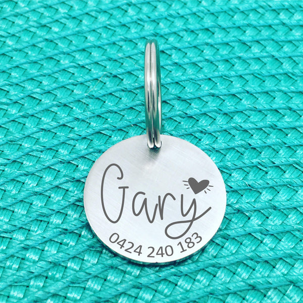 Matte Finish Personalised Dog Tag, Lucy Design with Solid Heart (Custom Dog Tag / Engraved Silver Dog Tag)