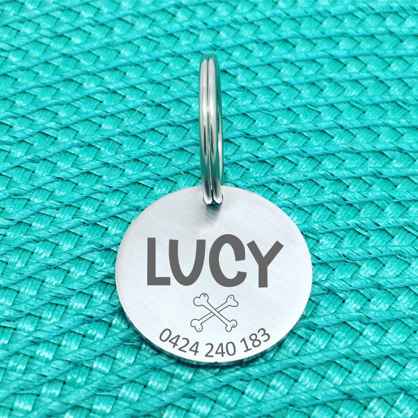 Matte Finish Personalised Dog Tag, Cross Bones Design (Custom Dog Tag / Engraved Silver Dog Tag)