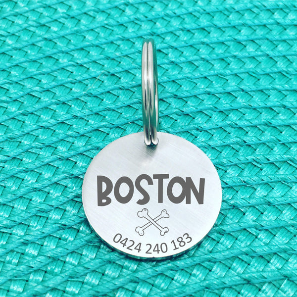 Matte Finish Personalised Dog Tag, Cross Bones Design (Custom Dog Tag / Engraved Silver Dog Tag)