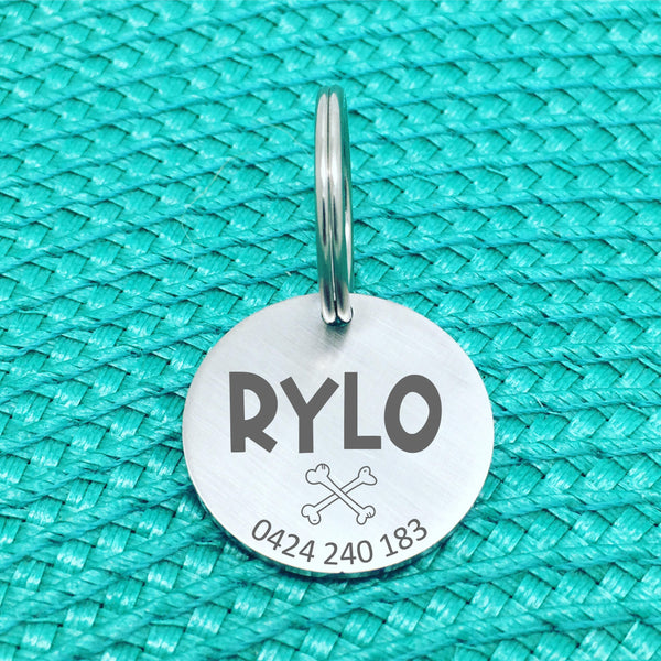 Matte Finish Personalised Dog Tag, Cross Bones Design (Custom Dog Tag / Engraved Silver Dog Tag)