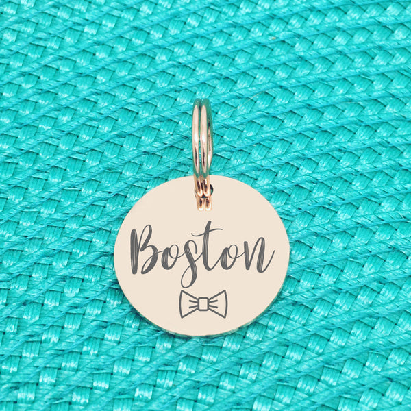 Engraved Silver Dog Tag with Cute Bow Tie available in Silver or Rose Gold