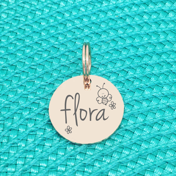 Double Sided Engraved Silver Rose Gold Dog Name Tag, Personalised ID Tag, Custom Dog Name Tag, bee and flower dog collar tag