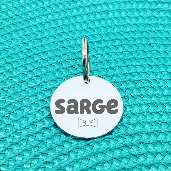 Custom Engraved Pet Name Tag (Personalised ID tag) - 'Sarge' Bow tie design