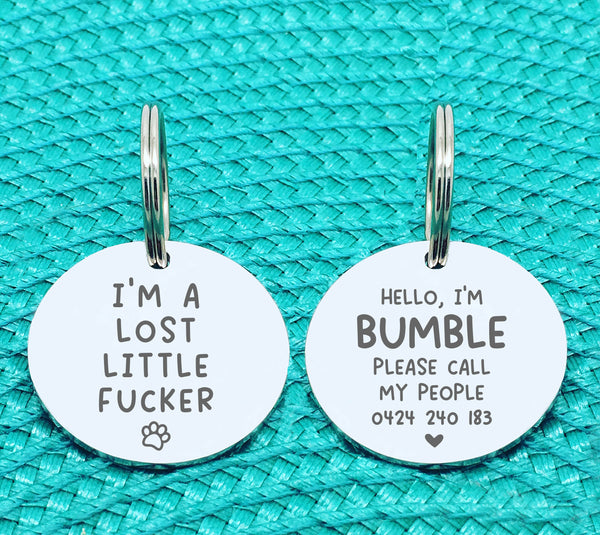 Custom Engraved Double Sided Pet Name Tag (Personalised ID tag) - 'Hallie' I'm a Lost Little Fucker Design