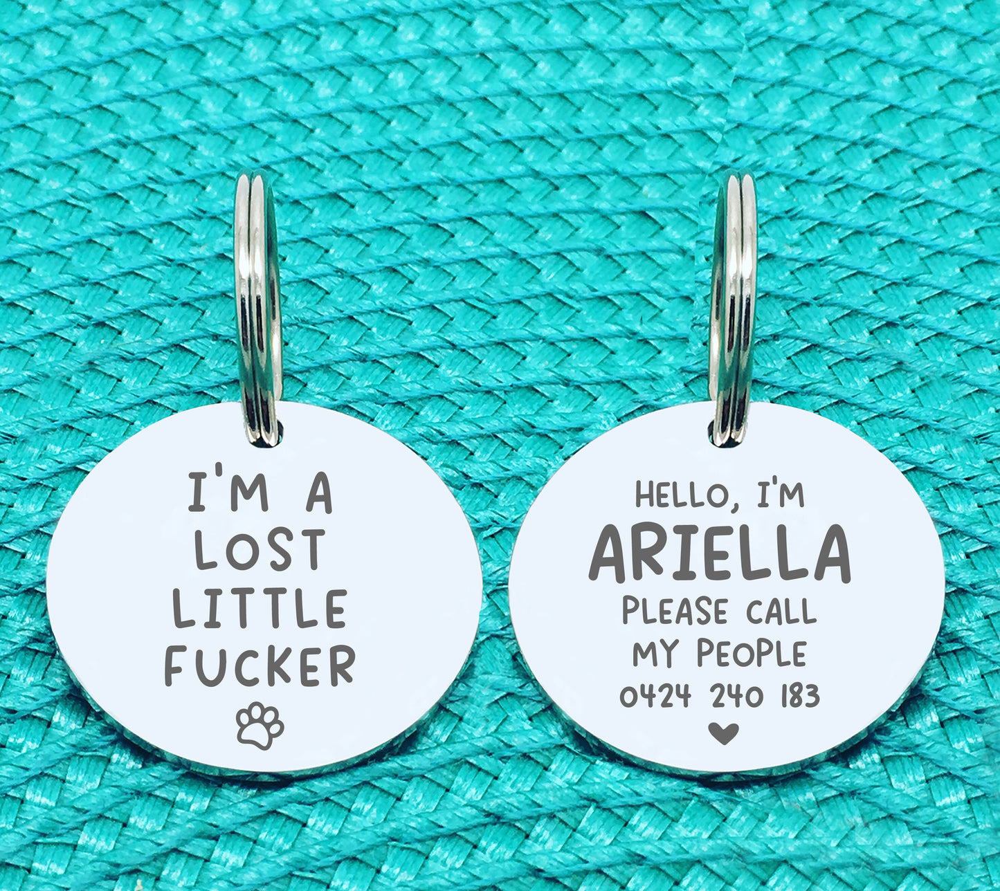 Custom Engraved Double Sided Pet Name Tag (Personalised ID tag) - 'Hallie' I'm a Lost Little Fucker Design