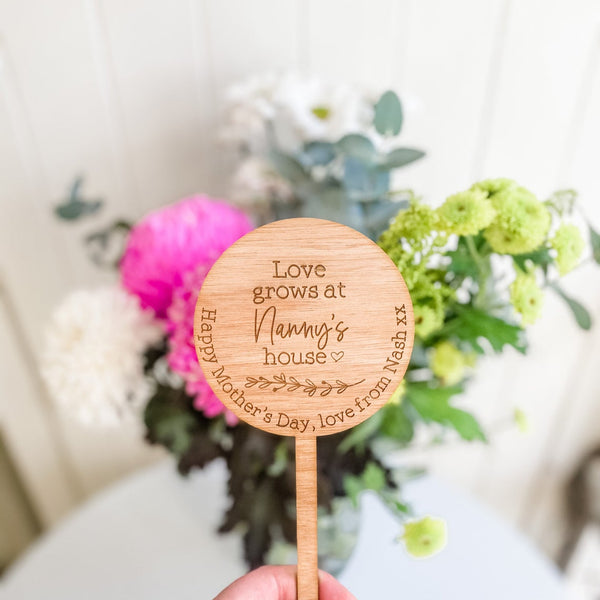 Personalised Planter Sign - Love grows at Nanny's House Wooden Planter Stick (Change Nanny to another name of your choosing)