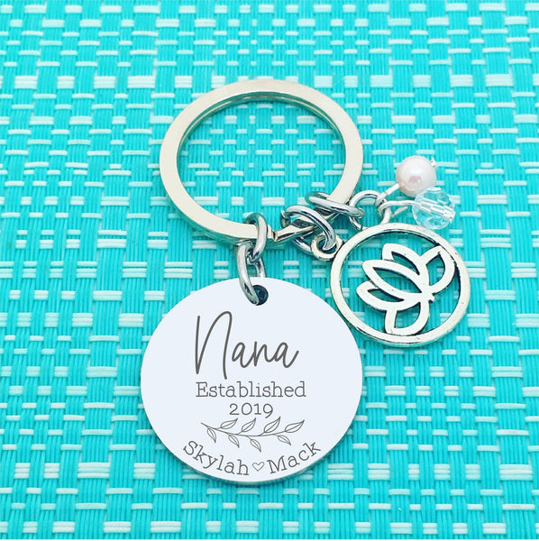 Nanny Established Personalised Keyring Lotus Charm Design (Change Nanny to another name of your choosing)