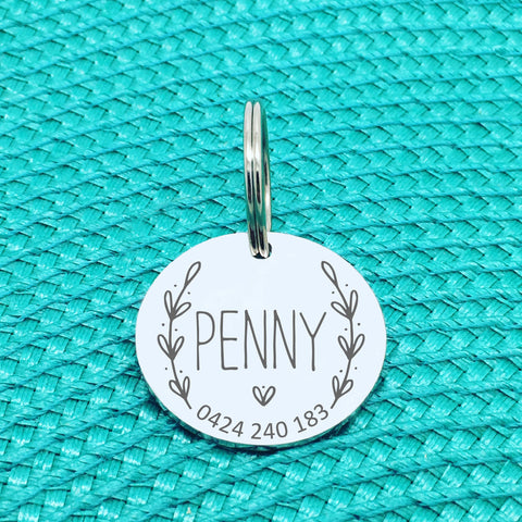 Engraved Personalised Pet Tag Penny Wreath Design
