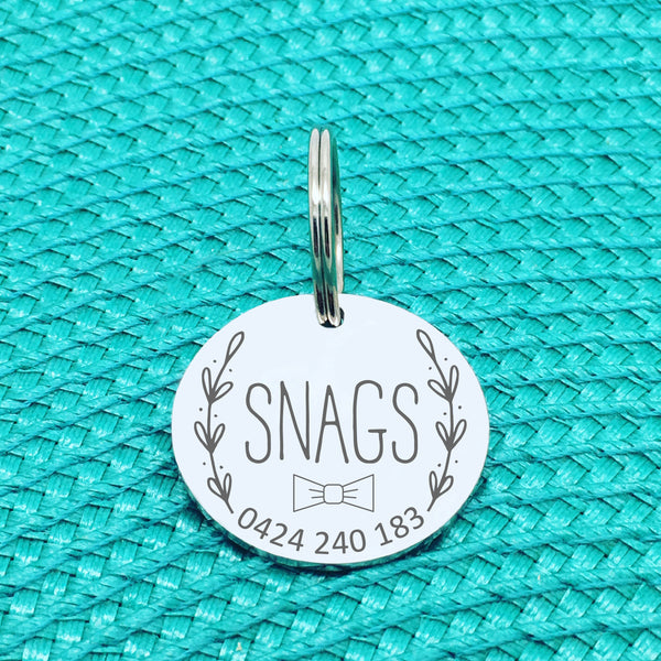 Personalised Pet Tag, Teddy Bow Tie / Wreath Design (Personalised Custom Engraved Dog Tag /  Personalised Cat Tag)