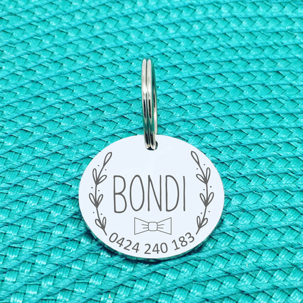 Personalised Pet Tag, Teddy Bow Tie / Wreath Design (Personalised Custom Engraved Dog Tag /  Personalised Cat Tag)