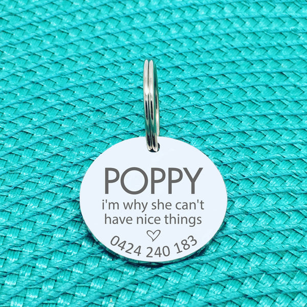 Personalised Pet Tag, I'm Why She Can't Have Nice Things Design (Personalised Custom Engraved Dog Tag)