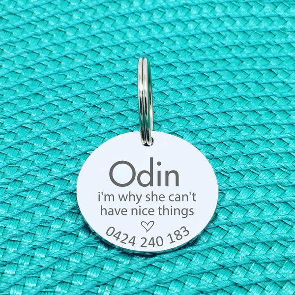 Personalised Pet Tag, I'm Why She Can't Have Nice Things Design (Personalised Custom Engraved Dog Tag)