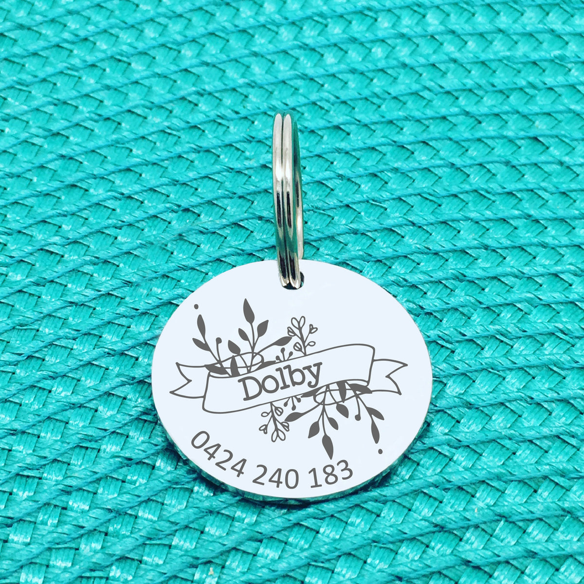 Personalised Pet Tag, Floral Wreath with Banner, 'Harper' Design (Custom Engraved Dog Tag)