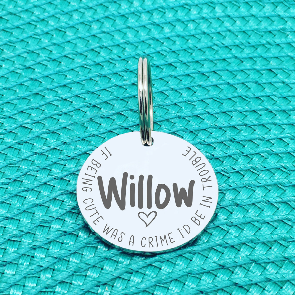 Personalised Pet Tag - If Being Cute Was A Crime I'd Be In Trouble Design (Custom Engraved Silver Dog Tag, Dog Name Tags)