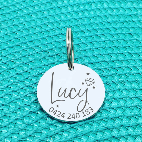 Personalised Pet Tag, 'Diva' Diamond & Star Design (Personalised Custom Engraved Dog Tag /  Personalised Cat Tag)