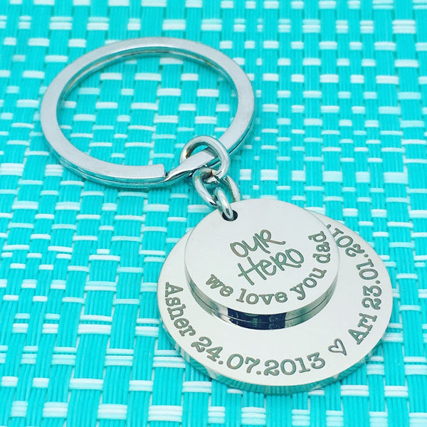 Our Hero, We Love You Dad Personalised Multi Layer Keyring (Change Dad To Another Name Of Your Choosing)