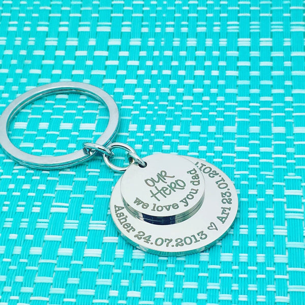 Our Hero, We Love You Dad Personalised Multi Layer Keyring (Change Dad To Another Name Of Your Choosing)