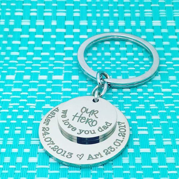 Our Hero, We Love You Dad Personalised Multi Layer Keyring (Change Dad To Another Name Of Your Choosing)