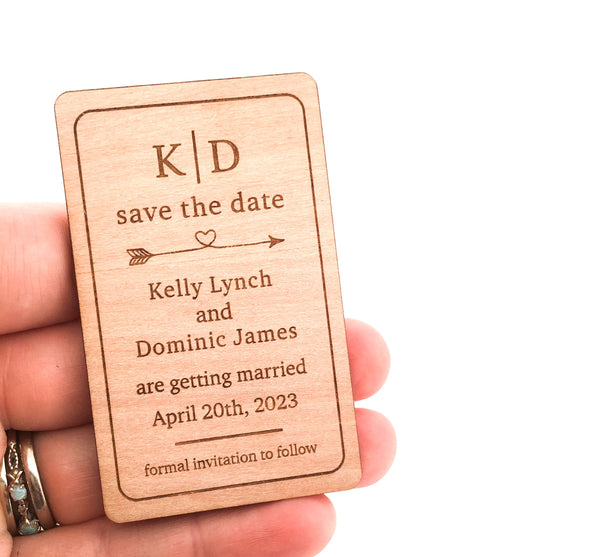 Engraved Wooden Save the Date Magnets (heart arrow design)