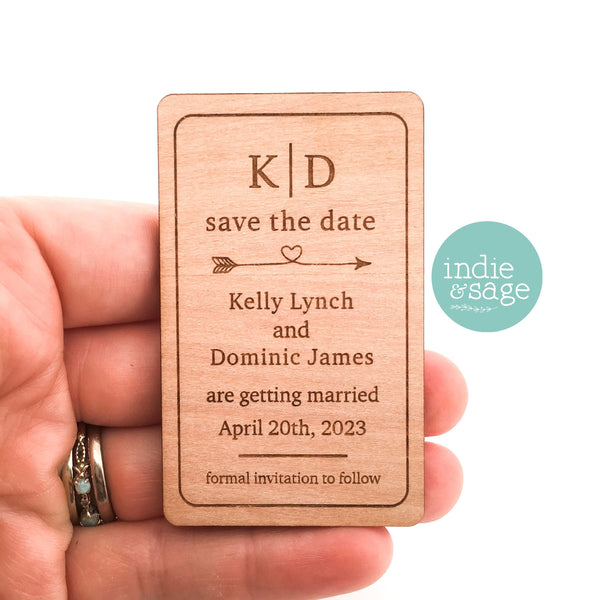 Engraved Wooden Save the Date Magnets (heart arrow design)
