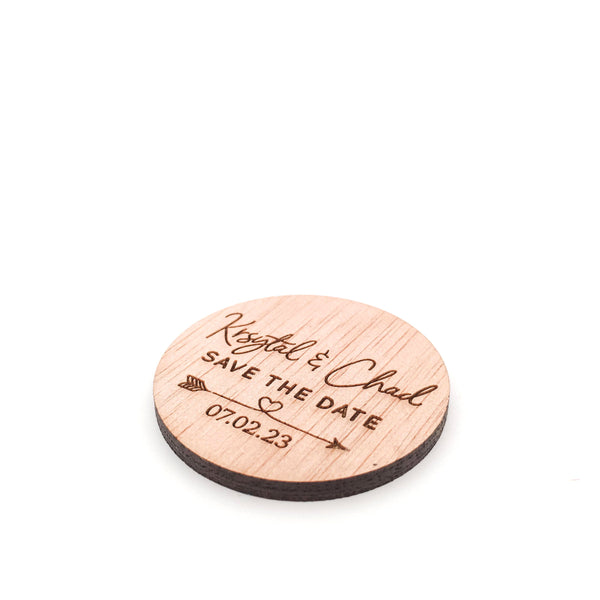 Engraved Wooden Circle Save the Date Magnets (arrow heart design)