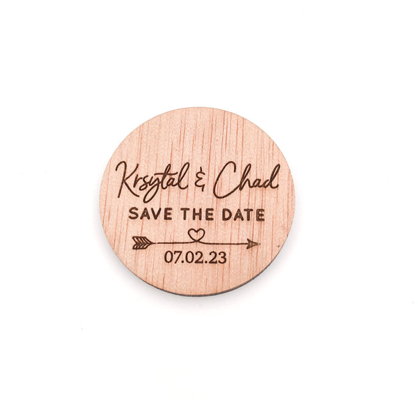 Engraved Wooden Circle Save the Date Magnets (arrow heart design)