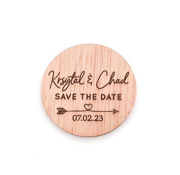 Engraved Wooden Circle Save the Date Magnets (arrow heart design)