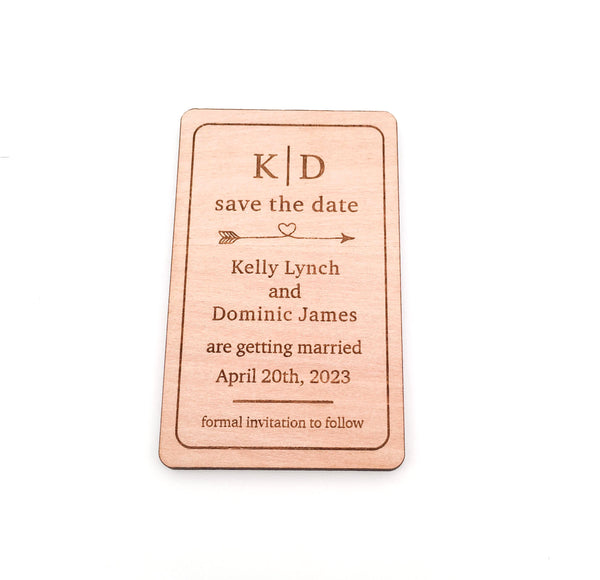 Engraved Wooden Save the Date Magnets (heart arrow design)