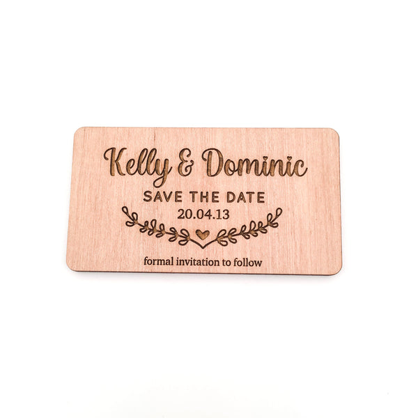 Engraved Wooden Save the Date Magnets (wreath design)