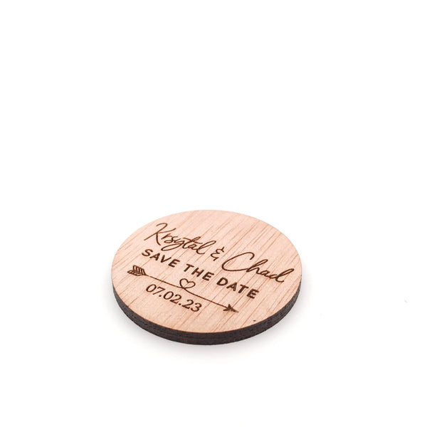 Engraved Wooden Circle Save the Date Magnets (arrow heart design)