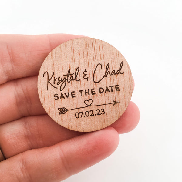 Engraved Wooden Circle Save the Date Magnets (arrow heart design)