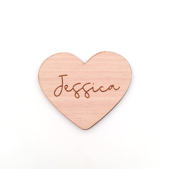 Engraved Heart Shaped Wooden Name Place Setting for Wedding or Event
