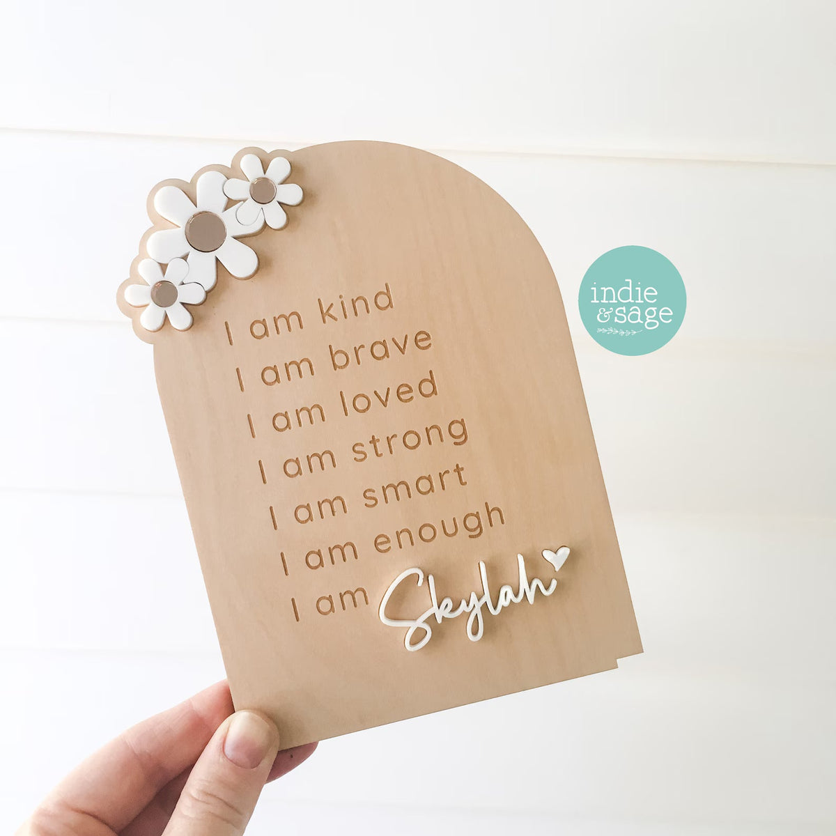 Personalised affirmation plaque for kids displayed in a bedroom, designed to inspire confidence, kindness and positivity