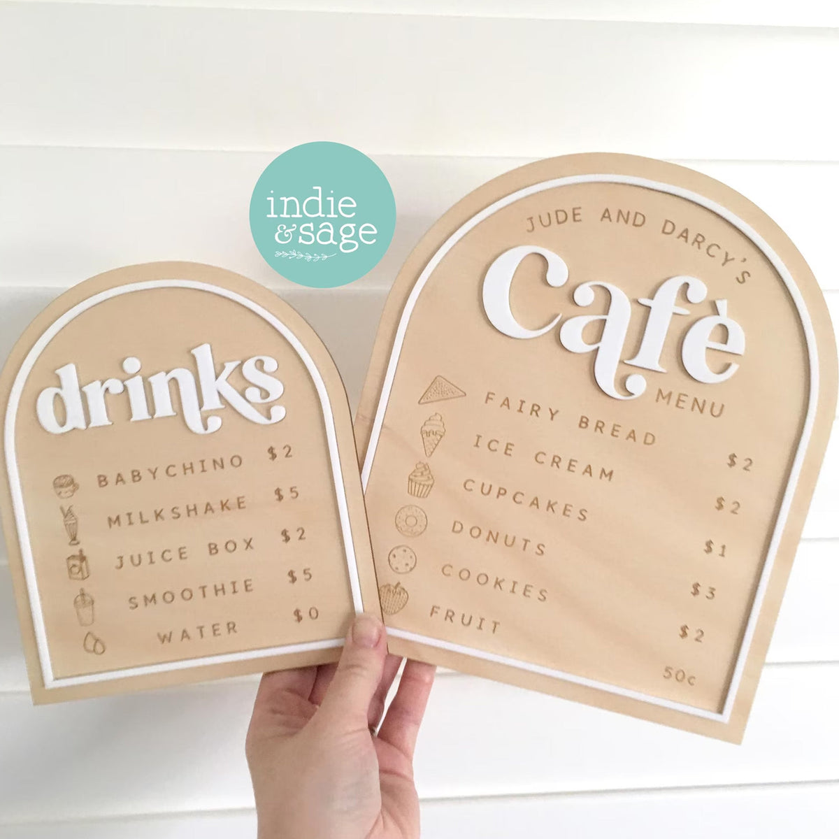 Personalised play kitchen cafe set for kids featuring custom menu, play money and pretend play accessories