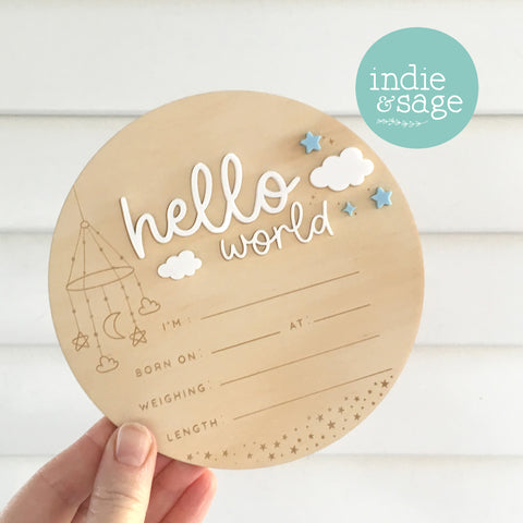 Hello World Birth Announcent Plaque - Mobile, cloud and star design